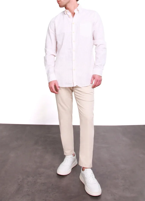 SPE24107LO03SB Loewe cotton linen striped long sleeve hidden button down shirt with chest pocket | Eshop GS | Jordan