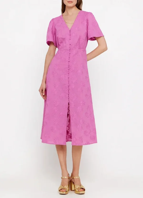 1877303 SS V-neck midi Dress with all over embroidery, self fabric belt & buttons closure. | Eshop GS | Jordan