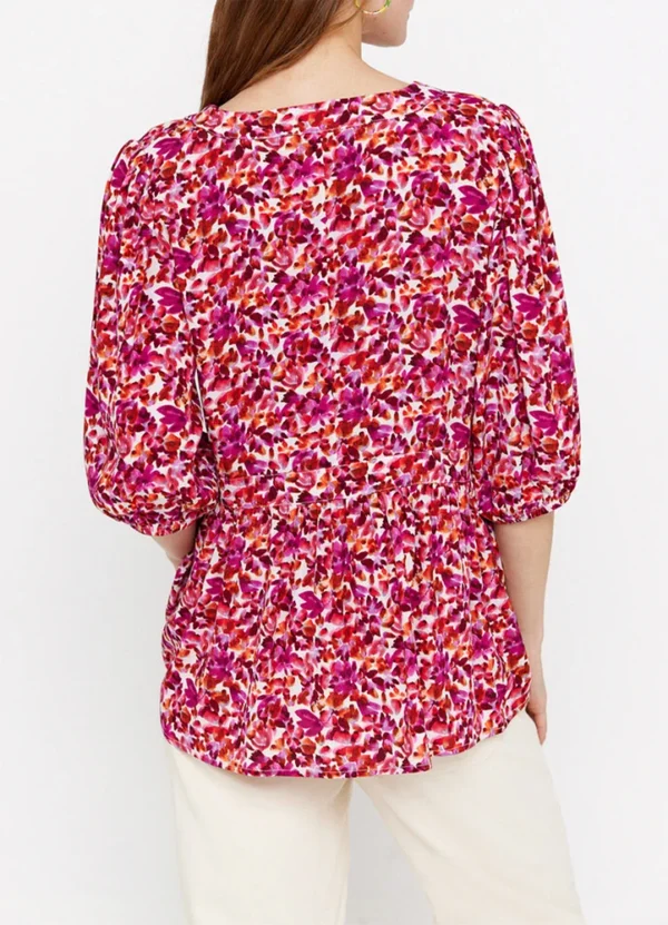 8797837 3/4 Sleeves v-neck AOP blouse with front pleats & half buttons down neck | Eshop GS | Jordan