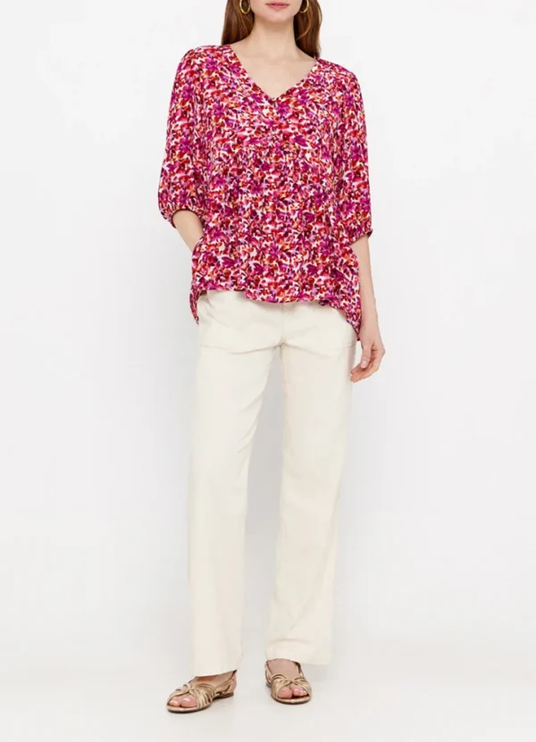 8797837 3/4 Sleeves v-neck AOP blouse with front pleats & half buttons down neck | Eshop GS | Jordan