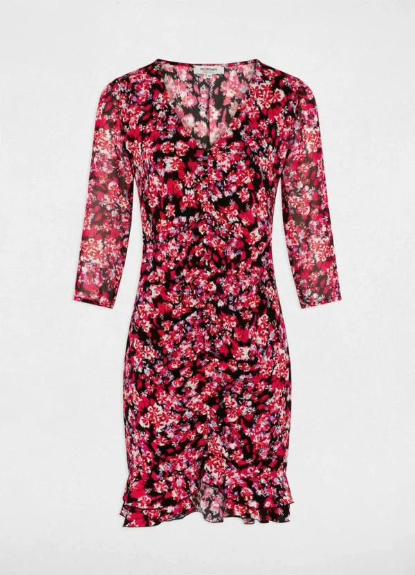 241-RFIORE 3/4 sleeves print dress in v-neck with frills at the bottom | Eshop GS | Jordan