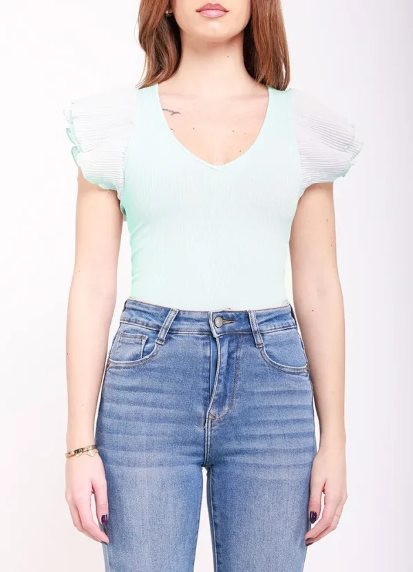 25004/LS81A JD143 - SS v-neck ribbed t-shirt with pleated ruffled sleeves | Eshop GS | Jordan